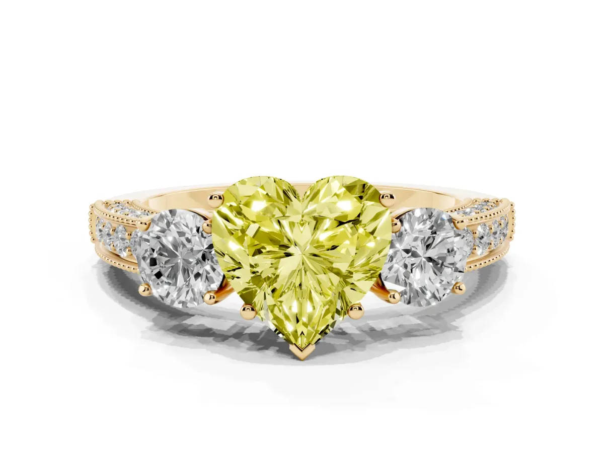 Fancy Yellow Heart Cut Three-Stone Diamond Ring with Pavé Band and Four-Prong Setting Yellow gold