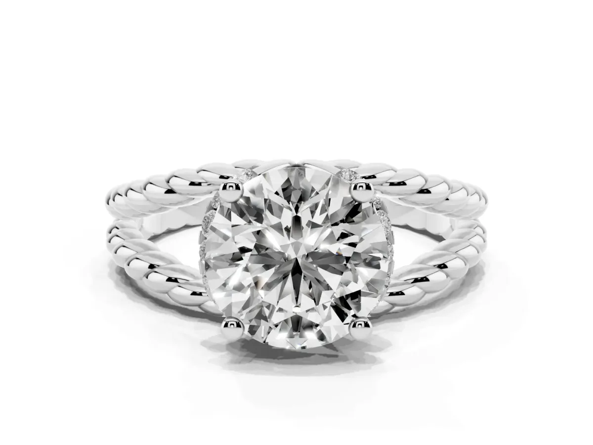 Round Cut Halo Twisted Band Four-Prong Ring Silver