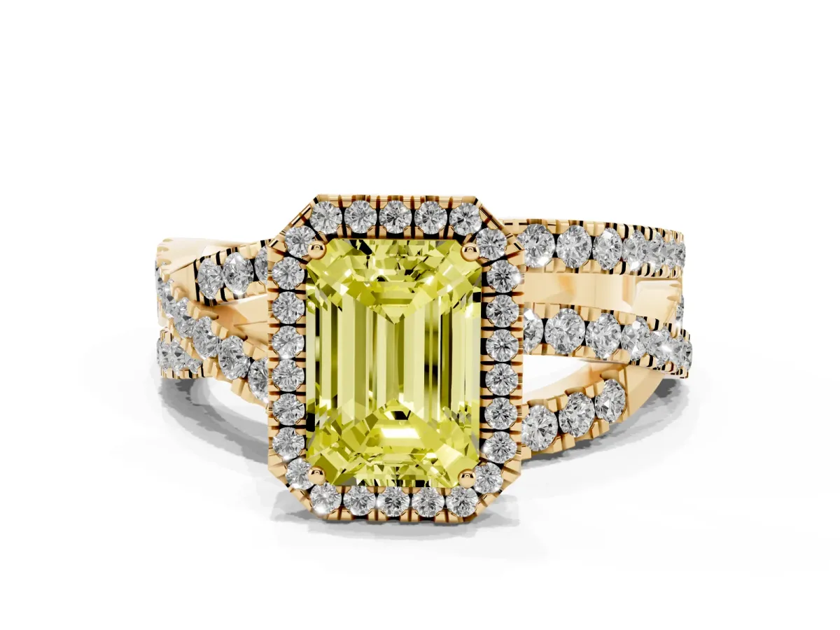 Fancy Yellow Emerald Cut Diamond Halo Ring with Round Split Shank and Prong Setting Yellow gold