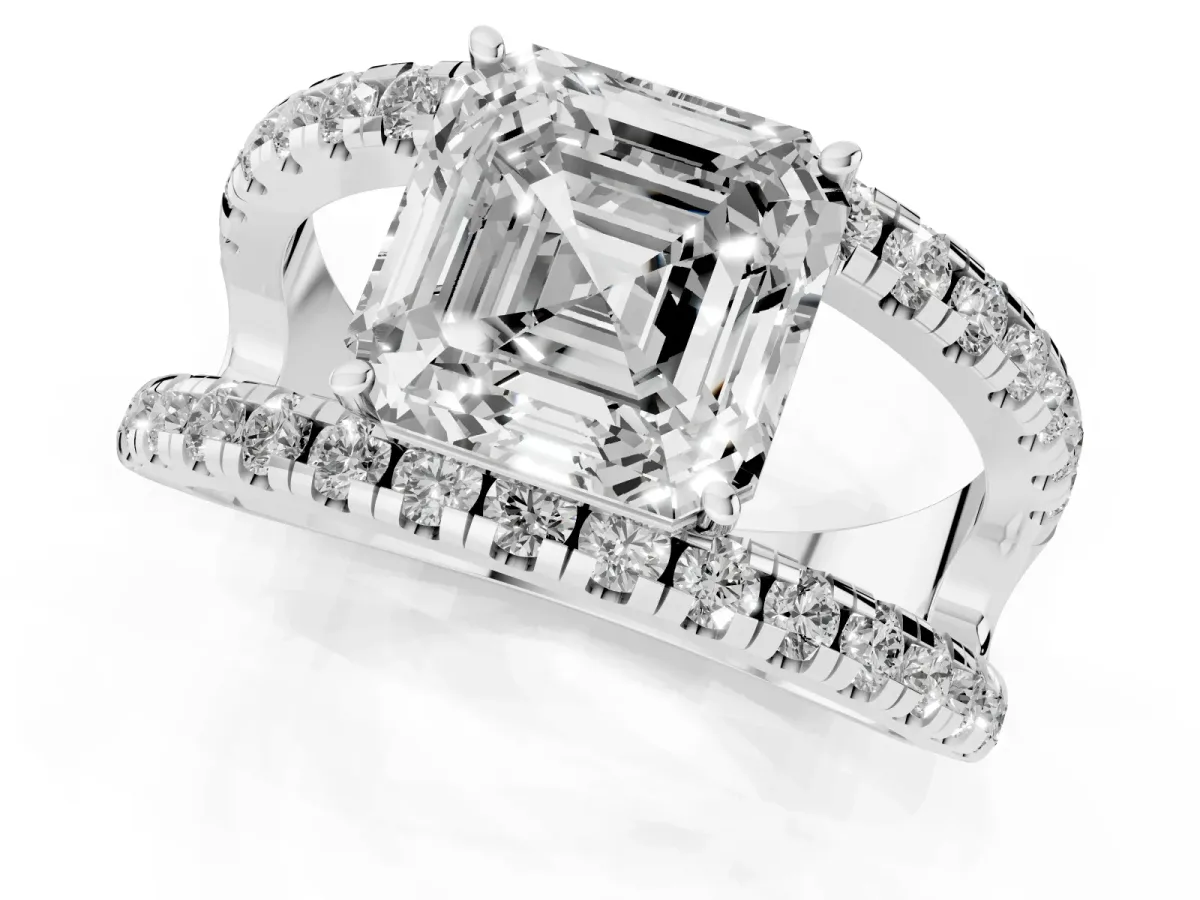 Asscher Cut Solitaire Split Shank Pave Diamond Ring Platinum