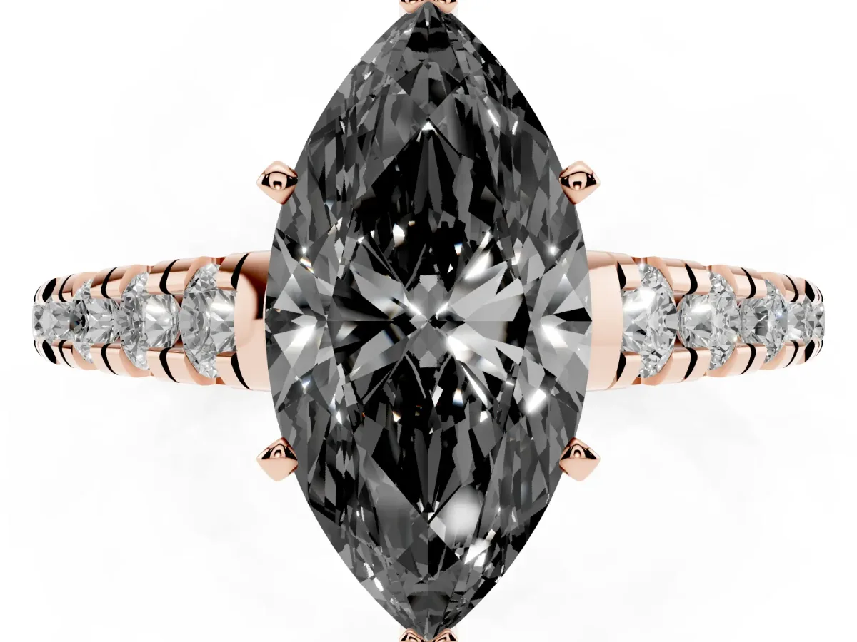 Fancy Black Marquise Cut Diamond Cathedral Solitaire Ring with Round Pavé Band Rose gold