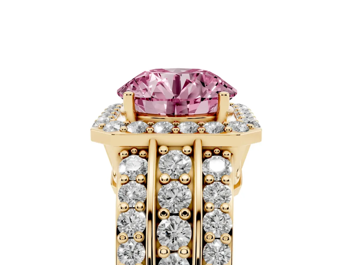 Fancy Pink Round Cut Halo Diamond Ring with Round Split Shank and Prong Setting Yellow gold