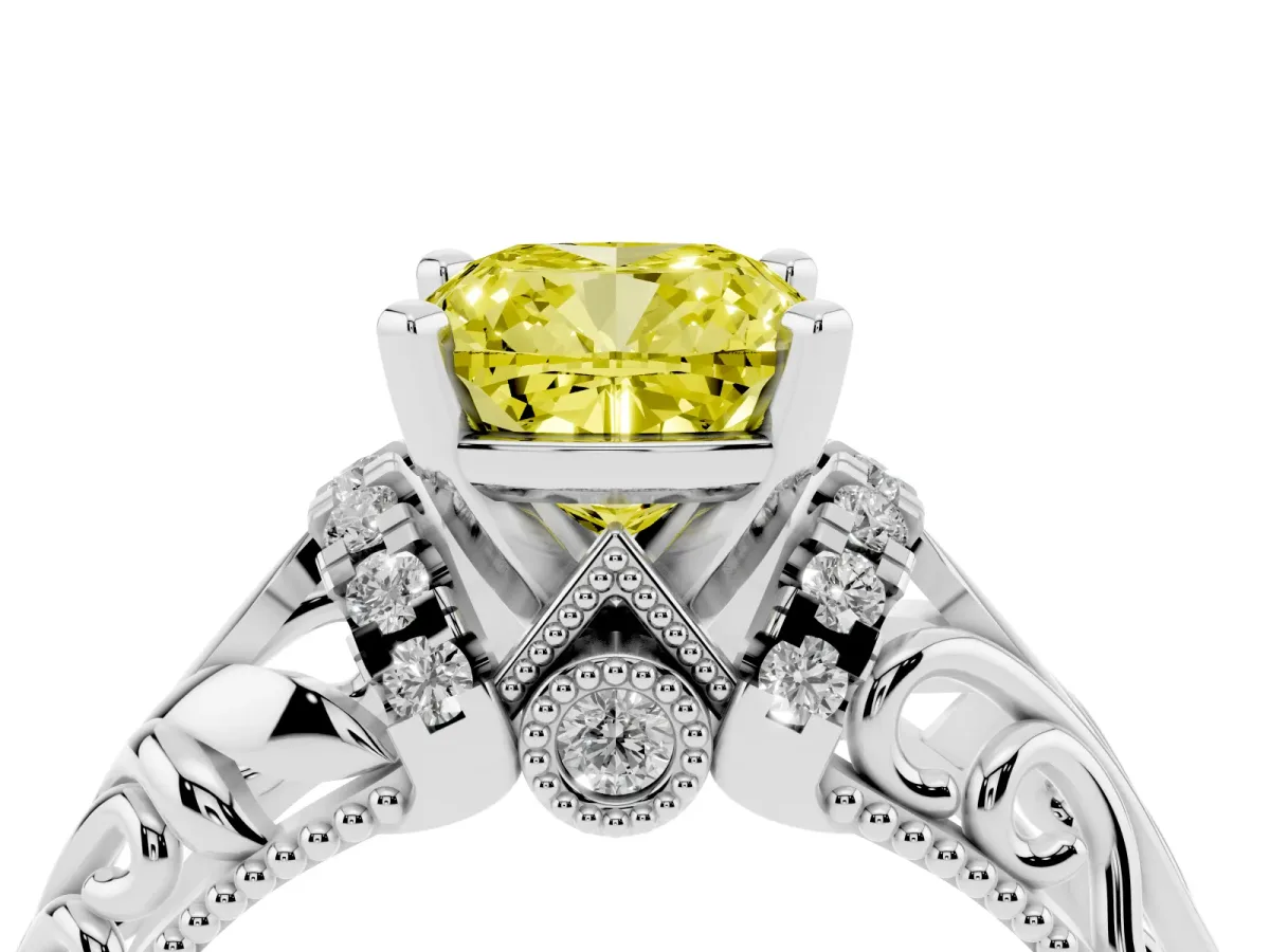 Fancy Yellow Cushion Cut Solitaire Filigree Engagement Ring with Halo and Prong Setting Silver