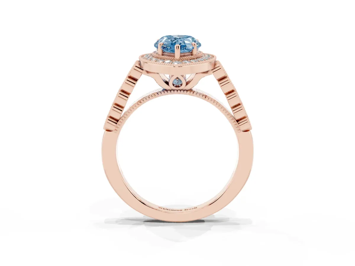 Fancy Blue Pear Cut Halo Twist Band Solitaire Ring with Six-Prong Setting Rose gold