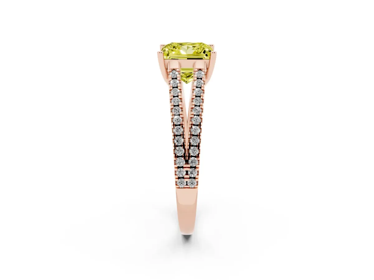 Fancy Yellow Princess Cut Diamond Solitaire Engagement Ring with Split Shank Pavé Band Rose gold