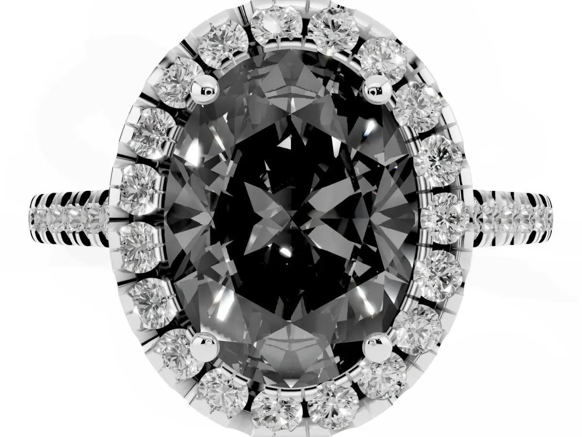 Fancy Black Oval Cut Diamond Cushion Halo Ring with Pavé Band Silver