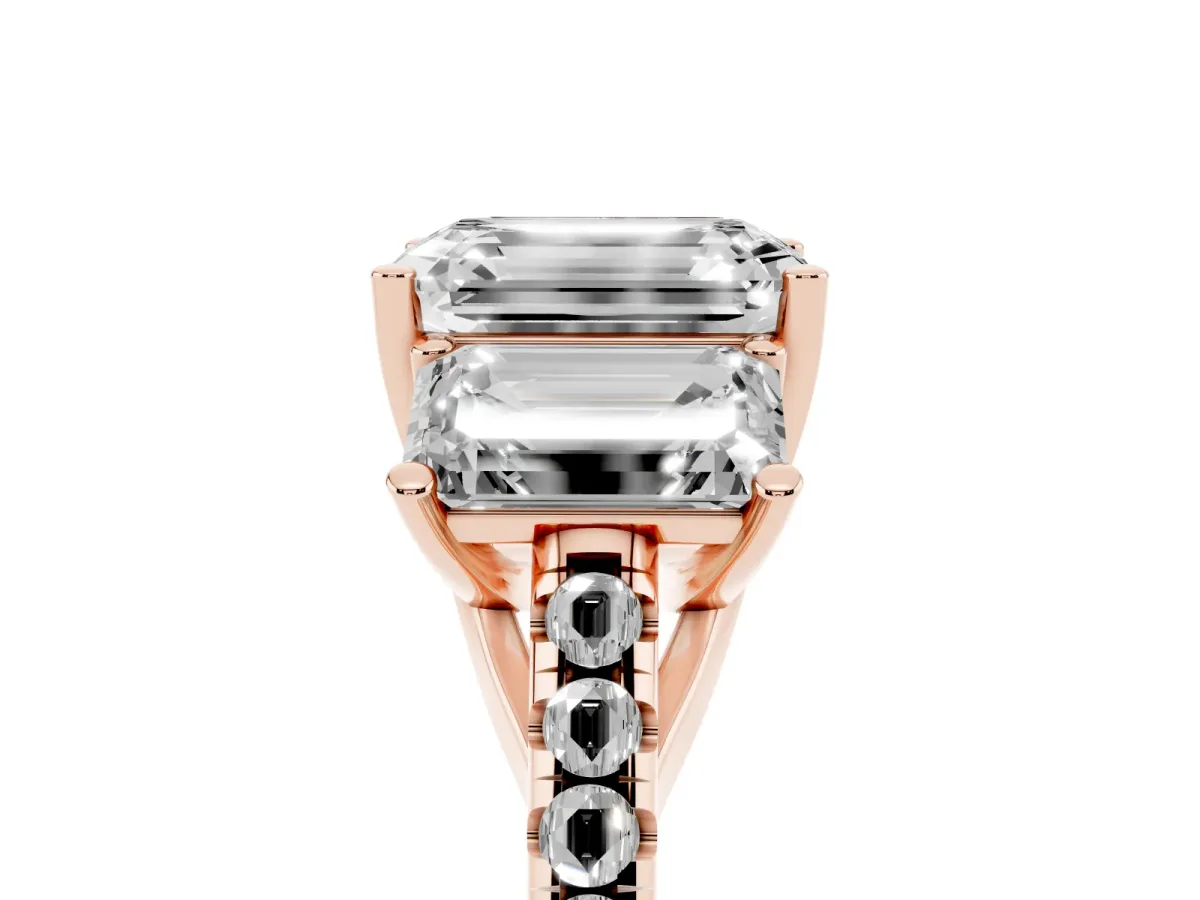 Three-Stone Emerald Cut Diamond Ring with Round Pavé Band and Prong Setting Rose gold