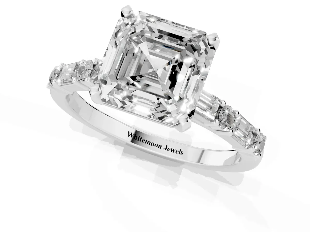 Asscher Cut Diamond Solitaire with Side Baguettes and Channel Set Band Silver