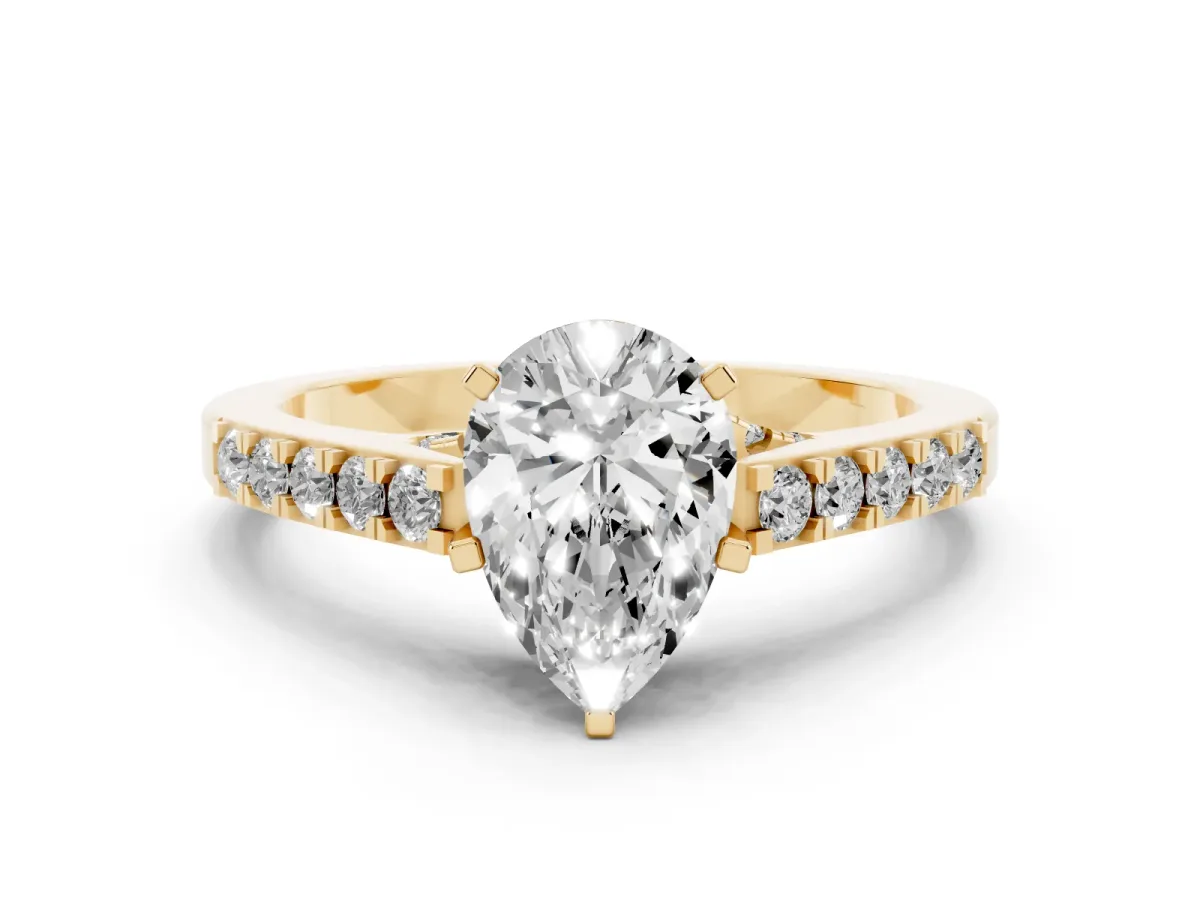 Pear Cut Diamond Solitaire Ring with Crossover Gallery and Round Pavé Band Yellow gold