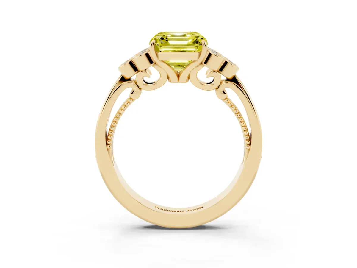 Fancy Yellow Asscher Cut Cut Diamond Engagement Ring with Bezel Set Round Side Stones and Prong Setting Yellow gold