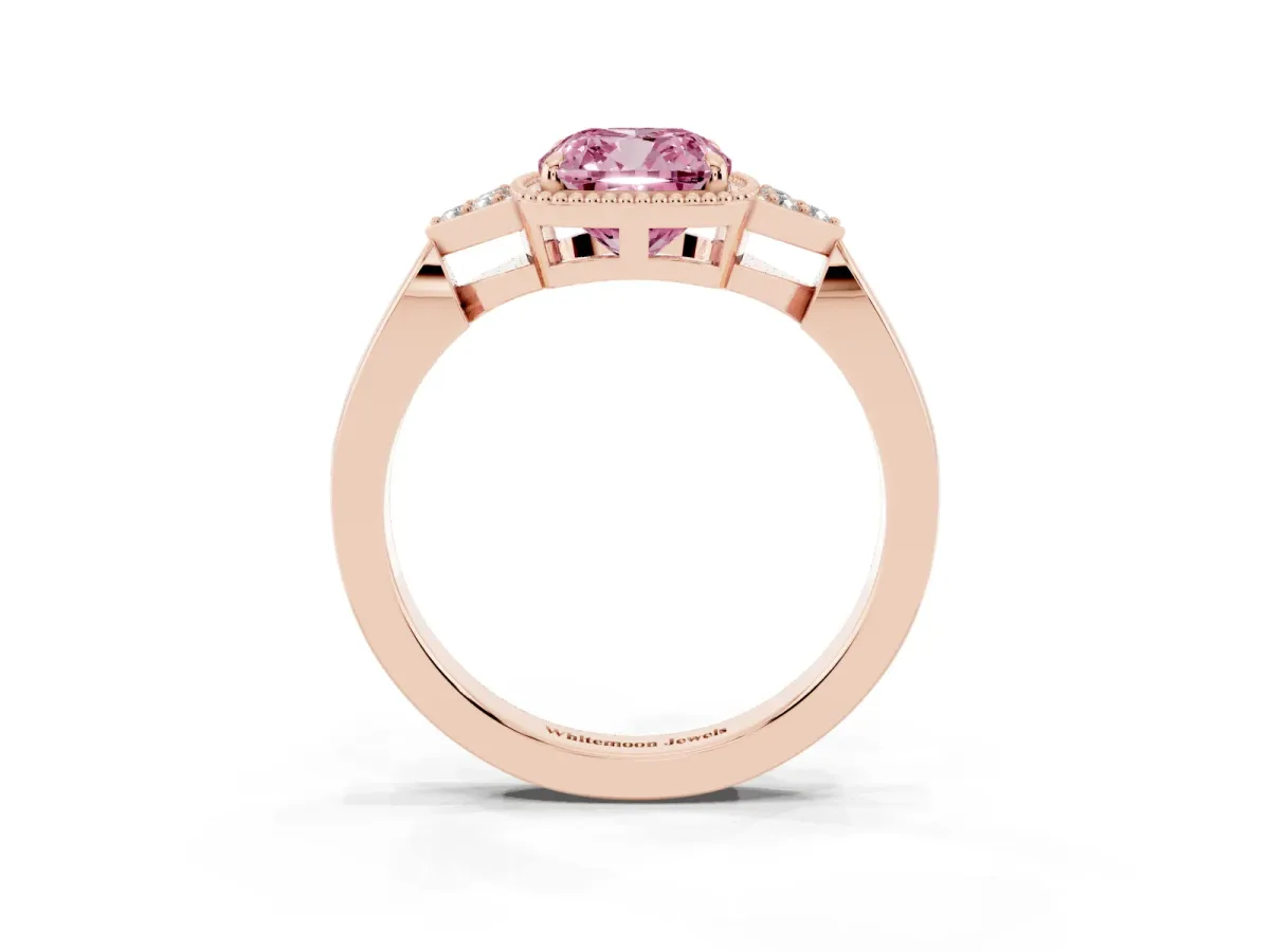 Fancy Pink Cushion Cut Diamond Halo Ring with Tapered Band and Four-Prong Setting Rose gold