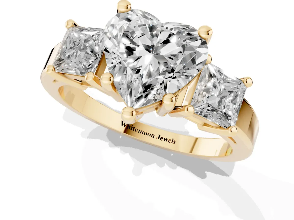 Three-Stone Heart Cut Cut Solitaire Ring with Prong Setting Yellow gold