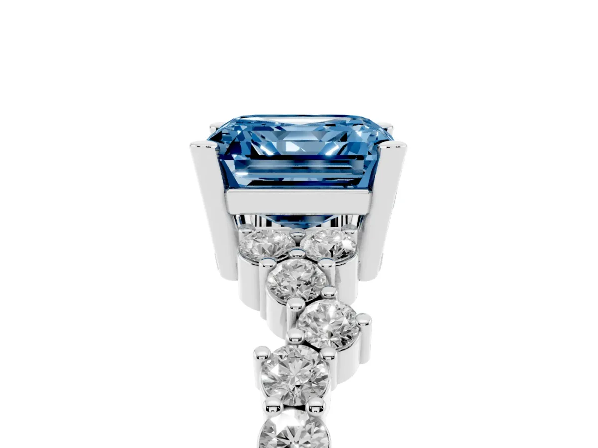 Fancy Blue Asscher Cut Diamond Scattered Round Accent Ring with Prong Setting White gold