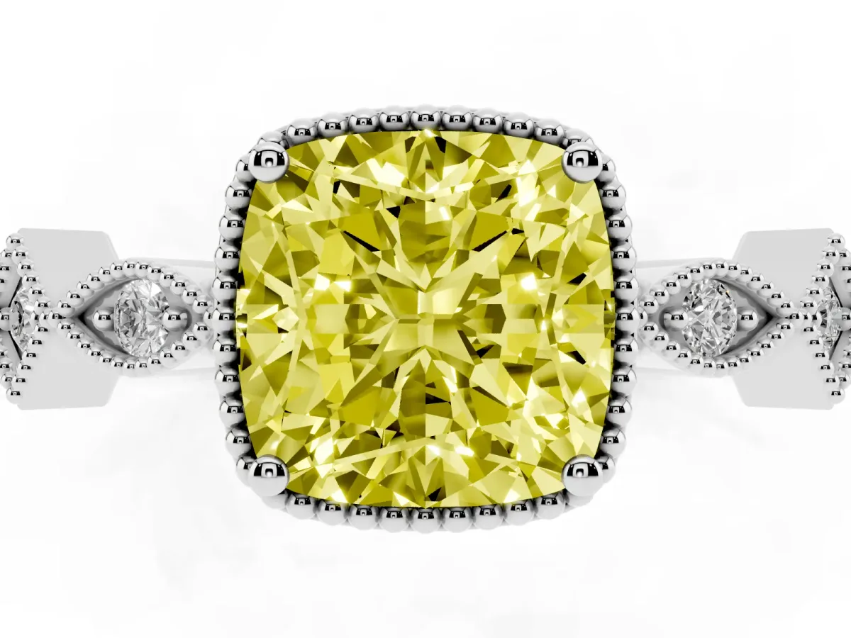 Fancy Yellow Cushion Cut Milgrain Marquise Diamond Twist Band Ring Silver