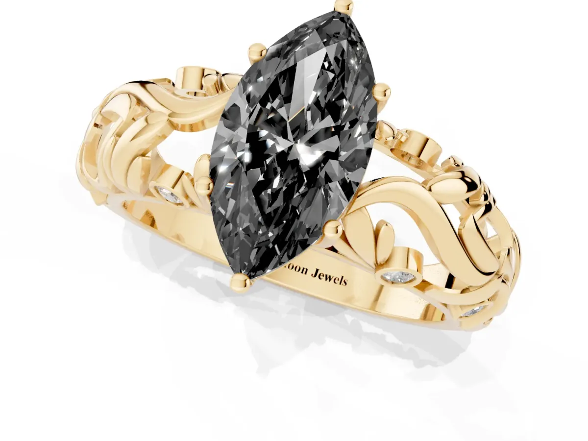 Fancy Black Marquise Cut Solitaire Diamond Leaf-Inspired Vine Band Ring with Prong Setting Yellow gold