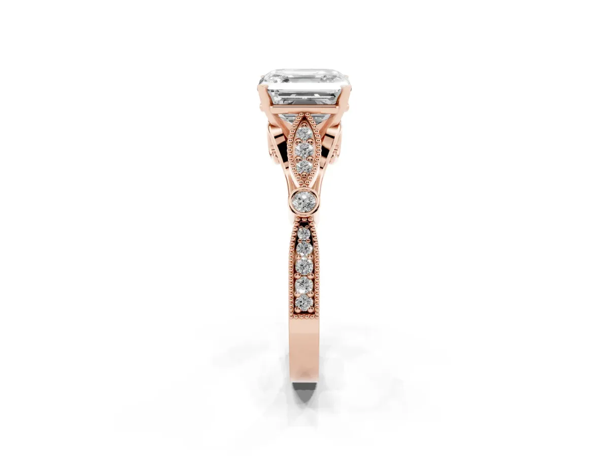 Asscher Cut Cut Diamond with Milgrain Marquise and Bezel Accents on a Solitaire Band with Prong Setting Rose gold