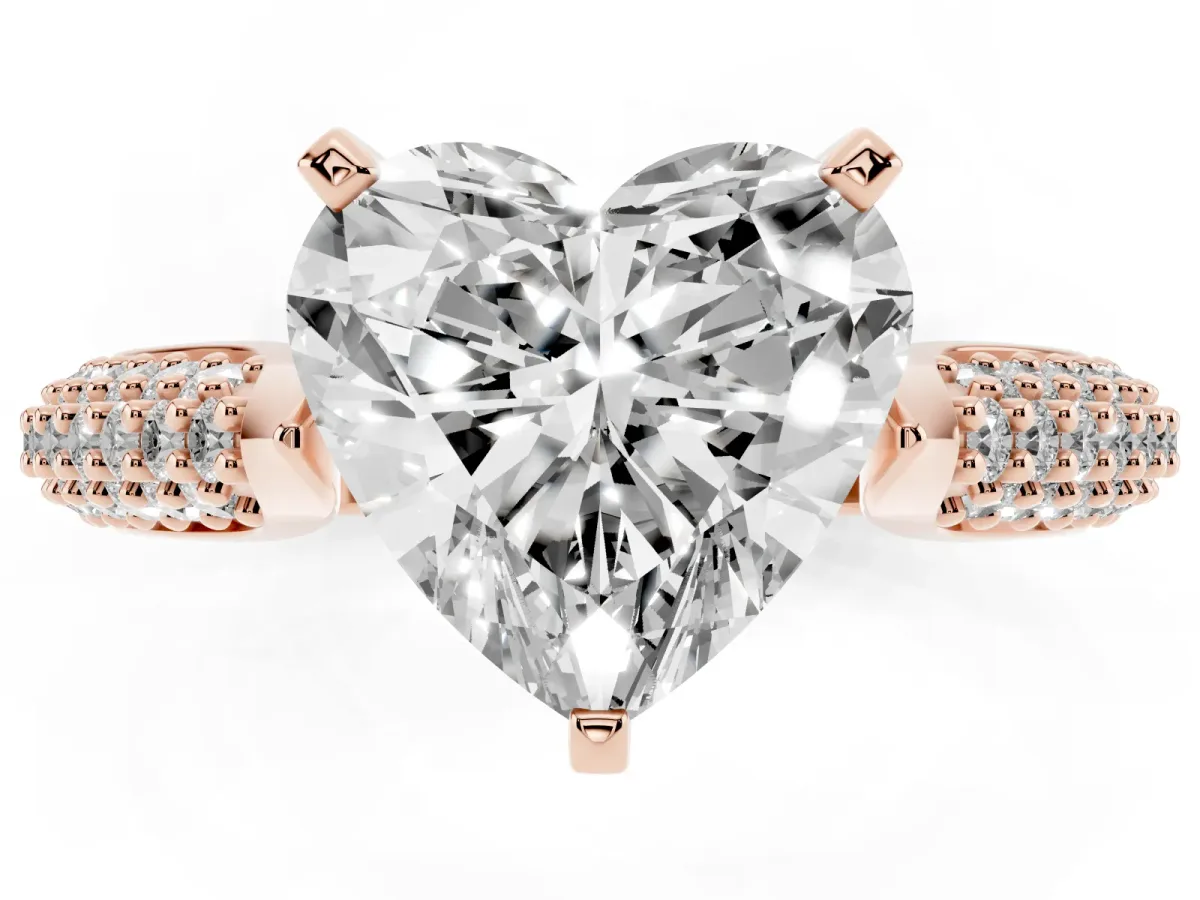 Heart Cut Diamond Solitaire Engagement Ring with Multi-Row Round Pavé Band and Prong Setting Rose gold