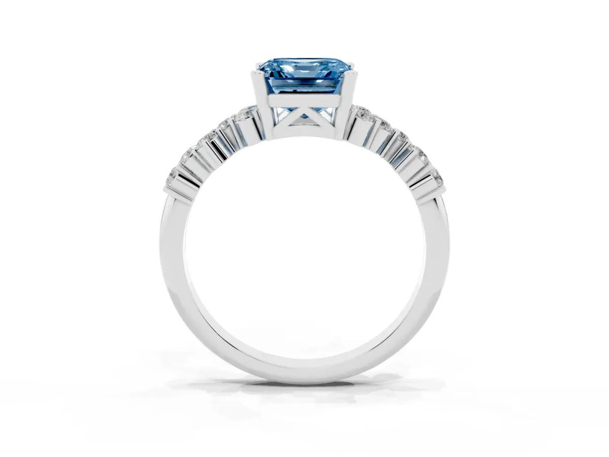 Fancy Blue Asscher Cut Diamond Scattered Round Accent Ring with Prong Setting White gold