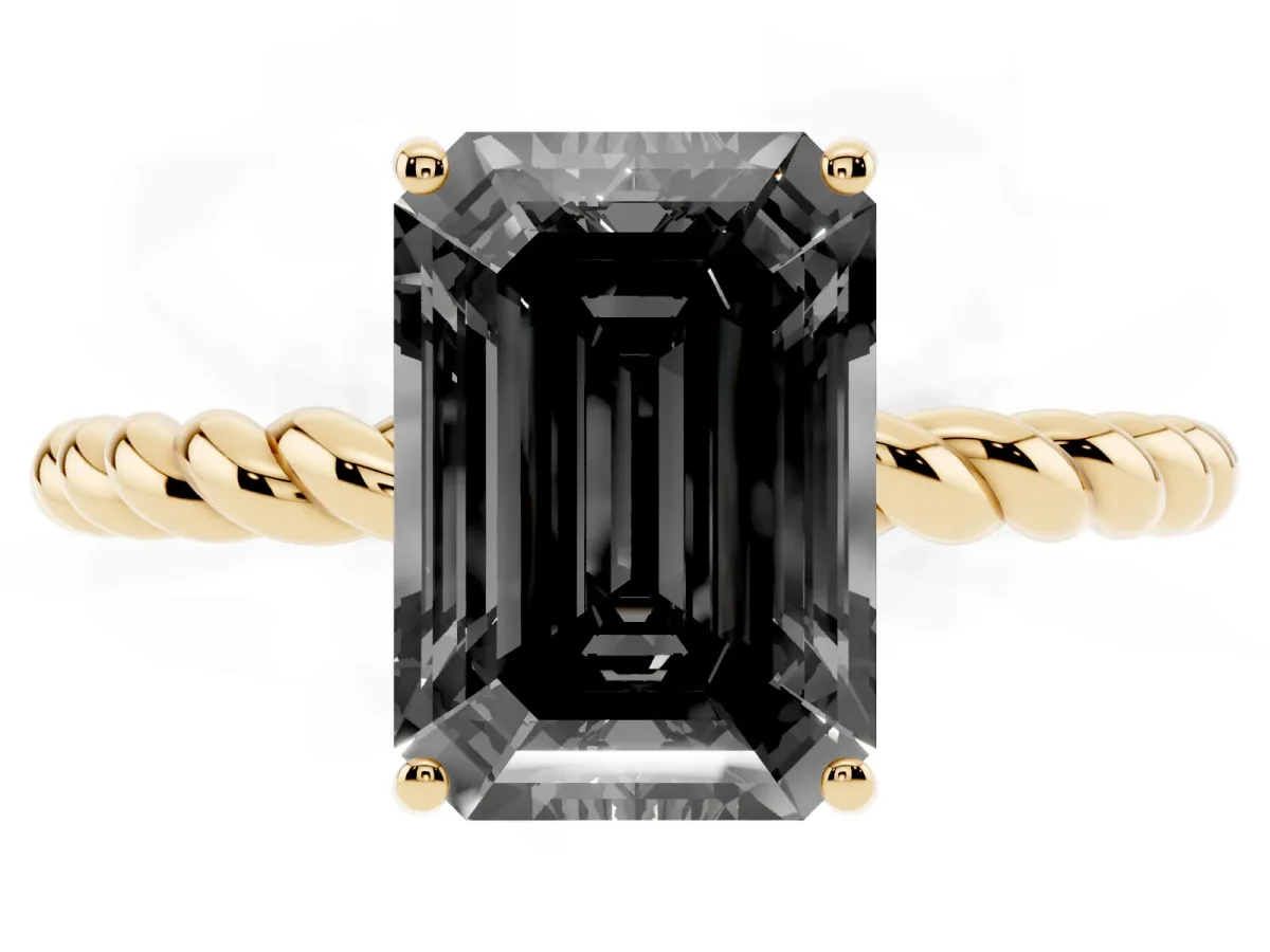 Fancy Black Emerald Cut Solitaire Twisted Band 4-Prong Ring Yellow gold