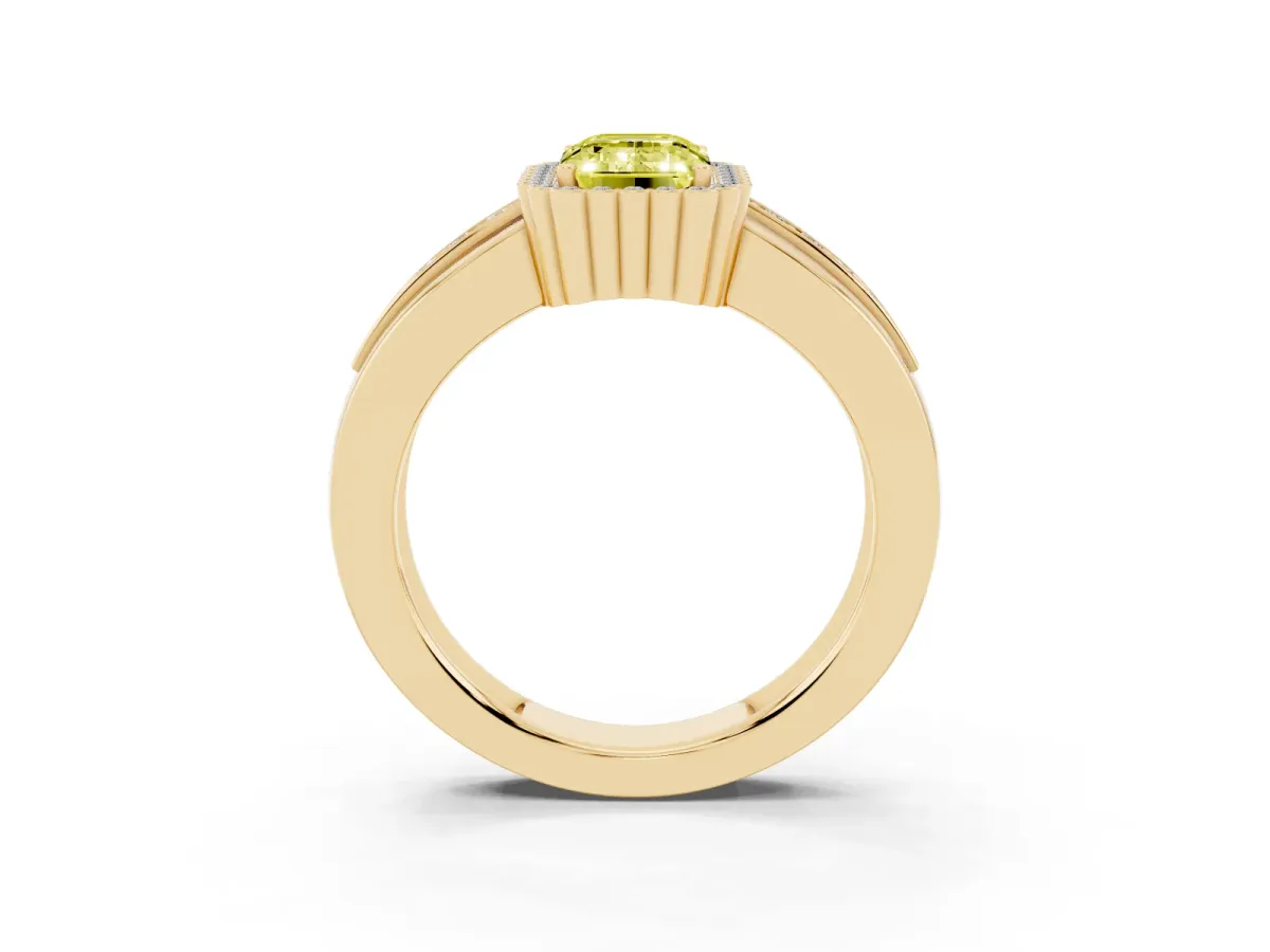 Fancy Yellow Emerald Cut Cut Halo Pave Band Four-Prong Ring Yellow gold
