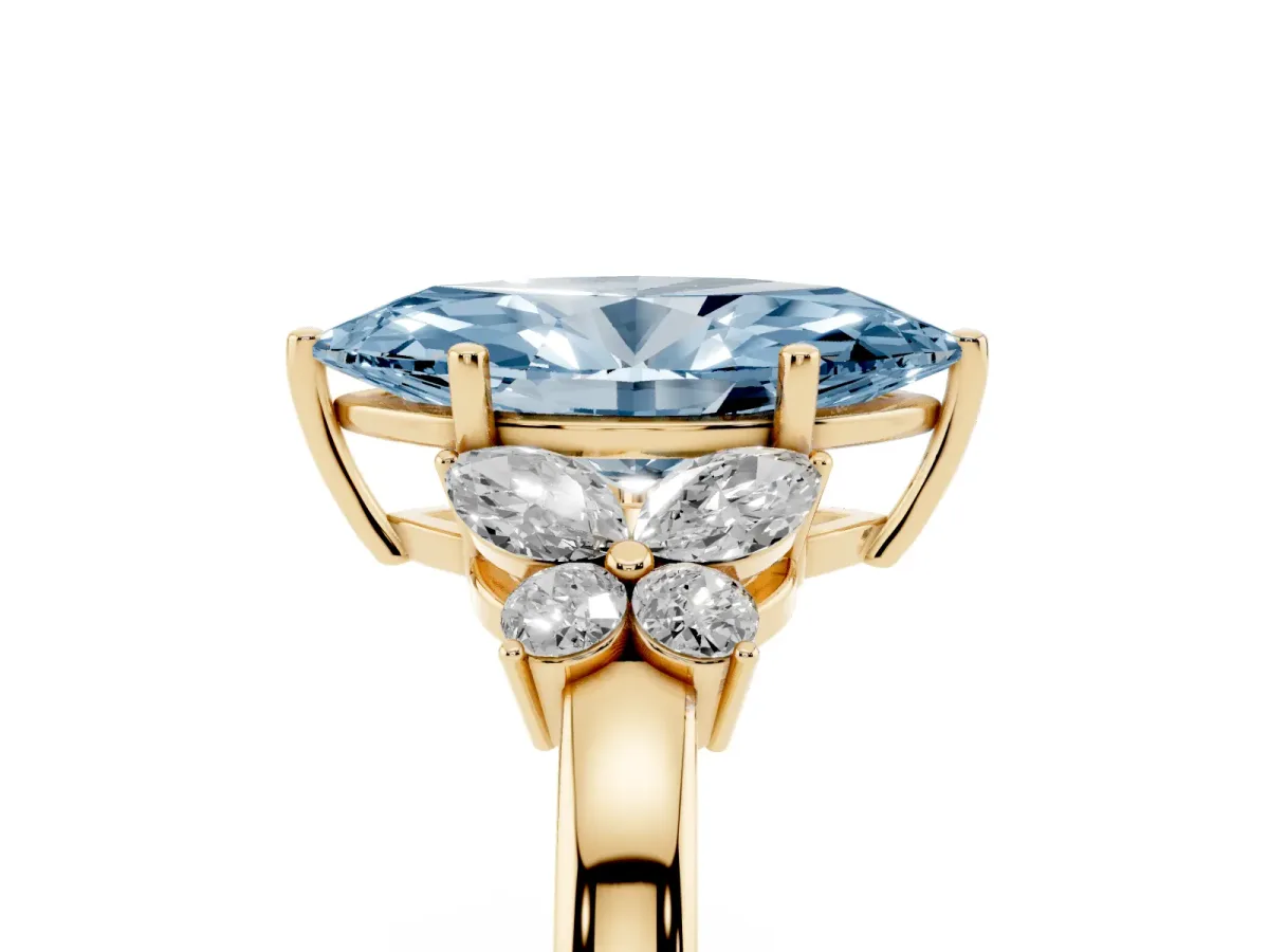 Fancy Blue Marquise Cut Cut Solitaire Floral Diamond Ring with Four-Prong Setting Yellow gold