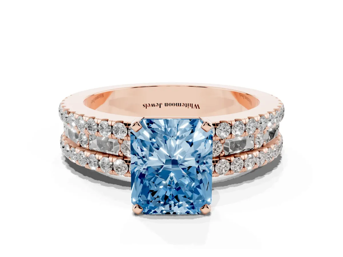 Fancy Blue Radiant Cut Diamond Solitaire Ring with Pavé and Channel Set Band Rose gold