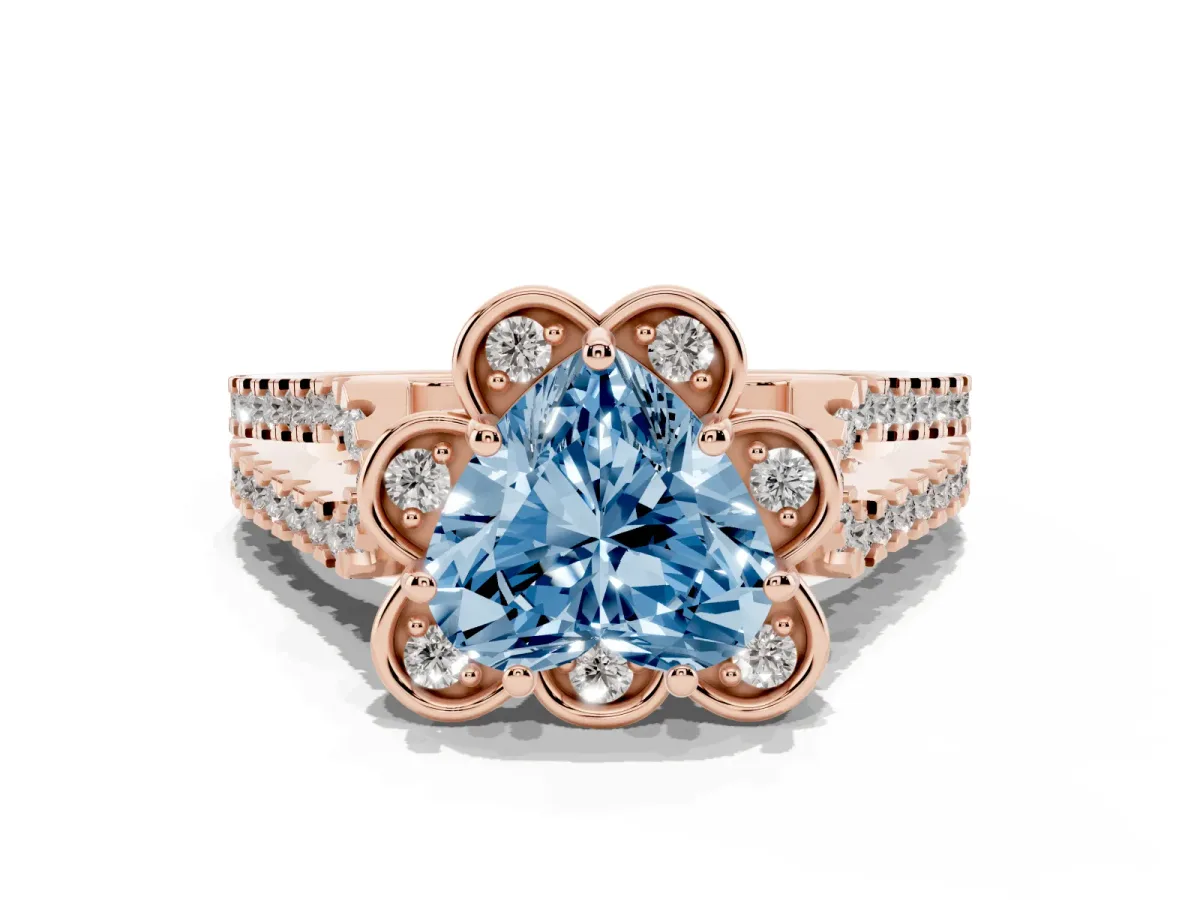 Fancy Blue Heart Cut Halo Diamond Floral Split Shank Engagement Ring Rose gold