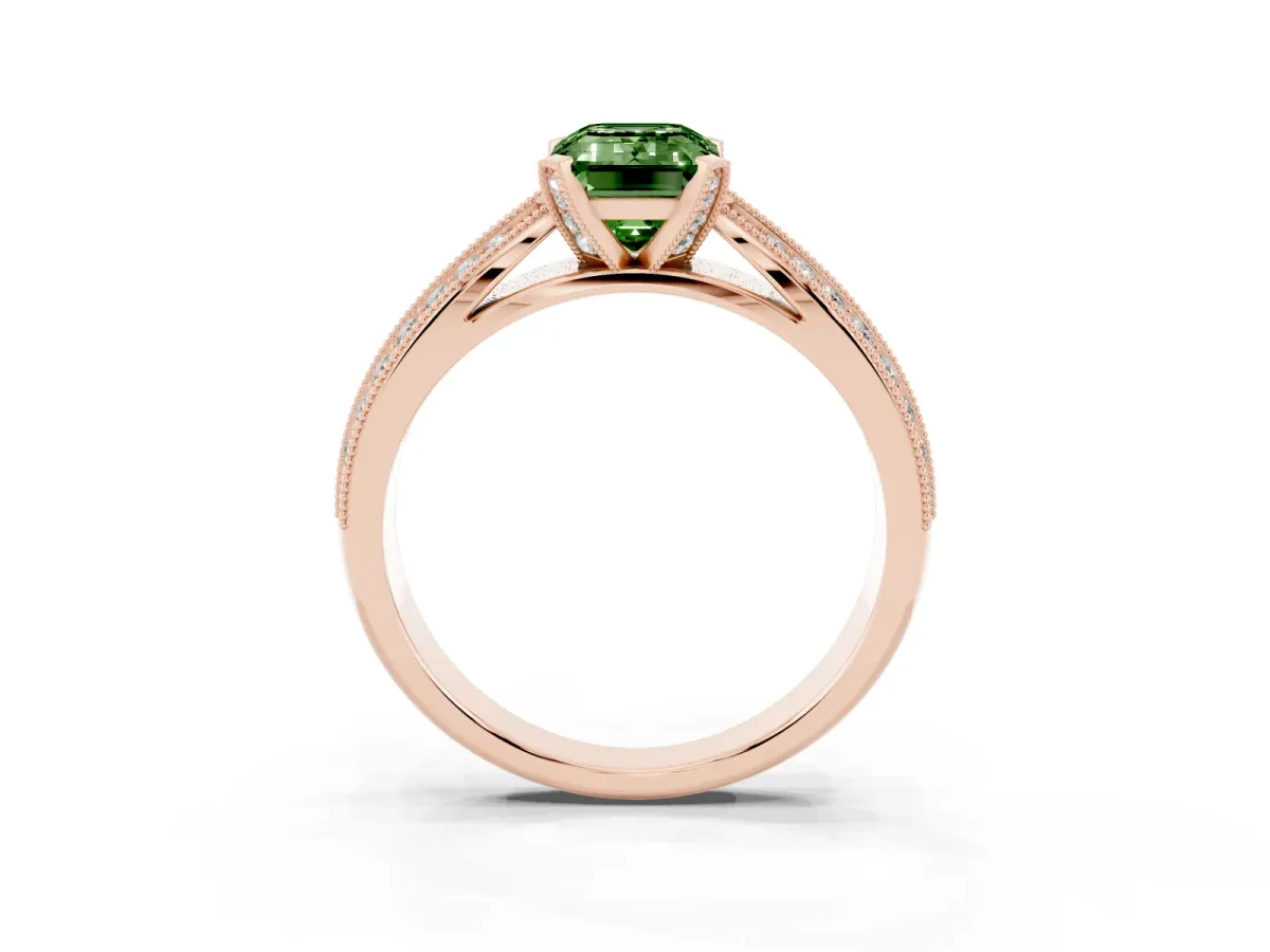 Fancy Green Emerald Cut Diamond Solitaire Ring with Milgrain Round Pavé Band and Prong Setting Rose gold