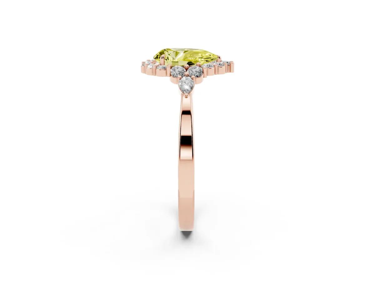 Fancy Yellow Pear Cut Diamond Halo Ring with Pear Side Stones and Prong Setting Rose gold