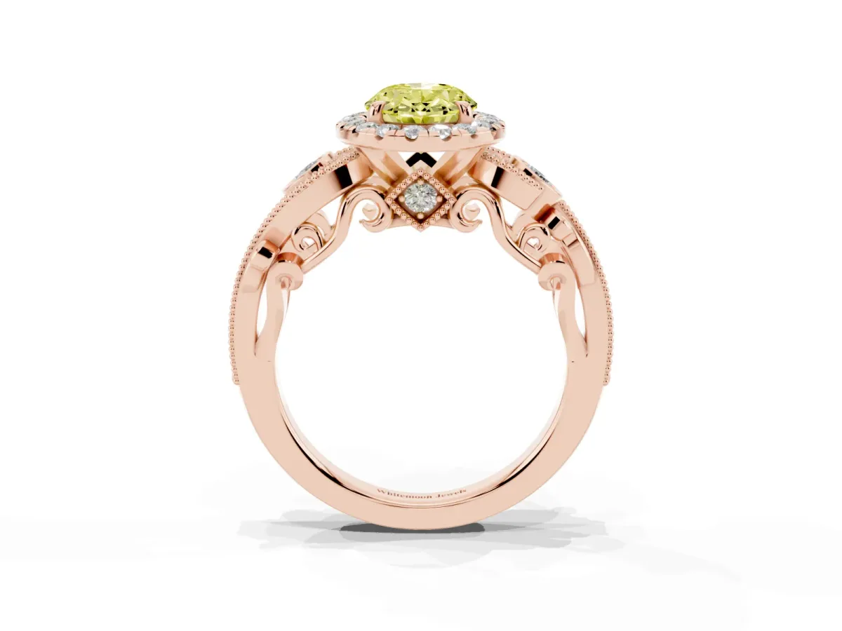 Fancy Yellow Oval Cut Diamond Halo Ring with Milgrain Pavé Band and Four-Prong Setting Rose gold