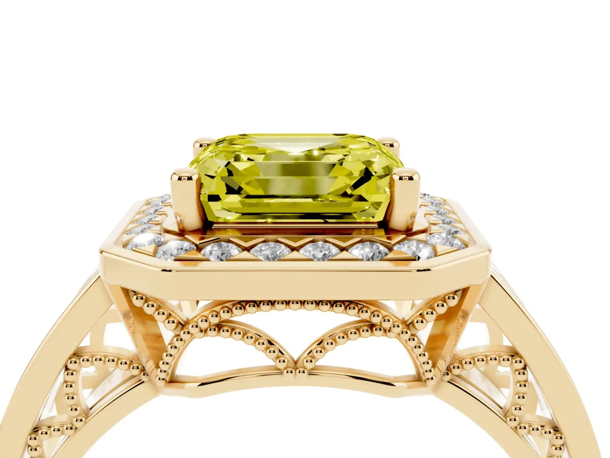 Fancy Yellow Asscher Cut Diamond Halo Ring with Split Shank and Bezel Accents and Prong Setting Yellow gold