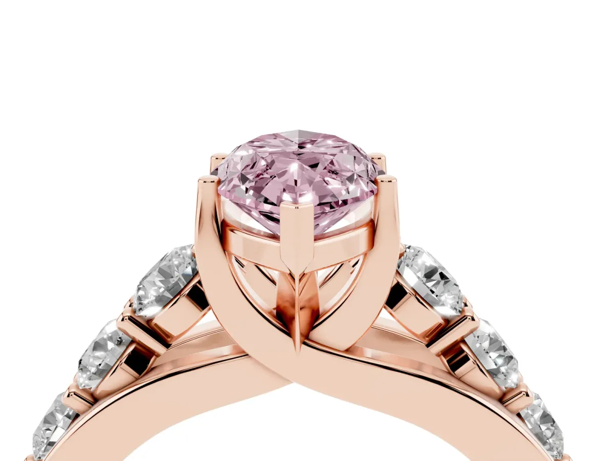 Fancy Pink Marquise Cut Diamond Engagement Ring with Pavé Band and Four-Prong Setting Rose gold