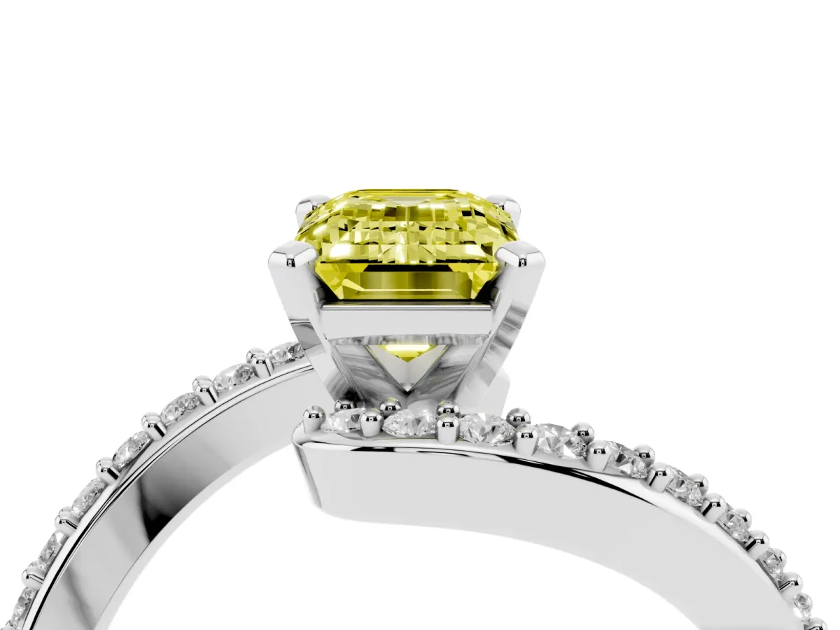 Fancy Yellow Emerald Cut Solitaire Twist Band with Pave Set Diamonds and Four-Prong Setting White gold