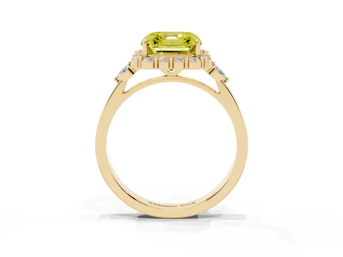 Fancy Yellow Asscher Cut Diamond Halo Ring with Pear Side Stones and Prong Setting Yellow gold