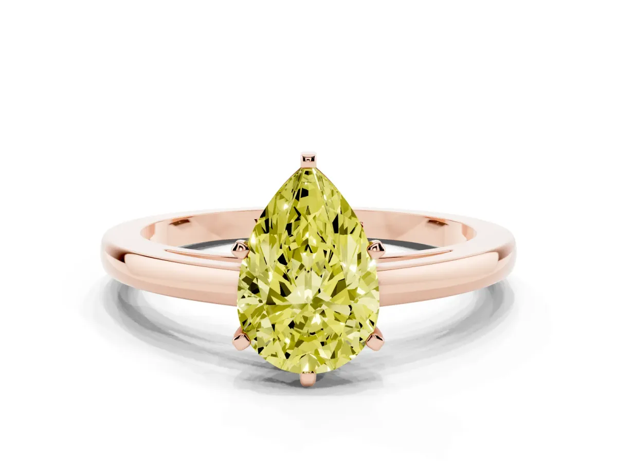 Fancy Yellow Pear Cut Solitaire Diamond Engagement Ring with Four-Prong Setting on a Classic Band Rose gold
