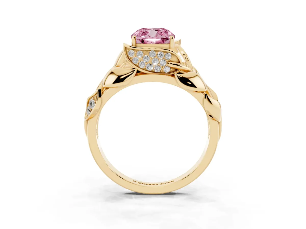 Fancy Pink Cushion Cut Diamond Leaf-Inspired Engagement Ring with Round Accents and Prong Setting Yellow gold