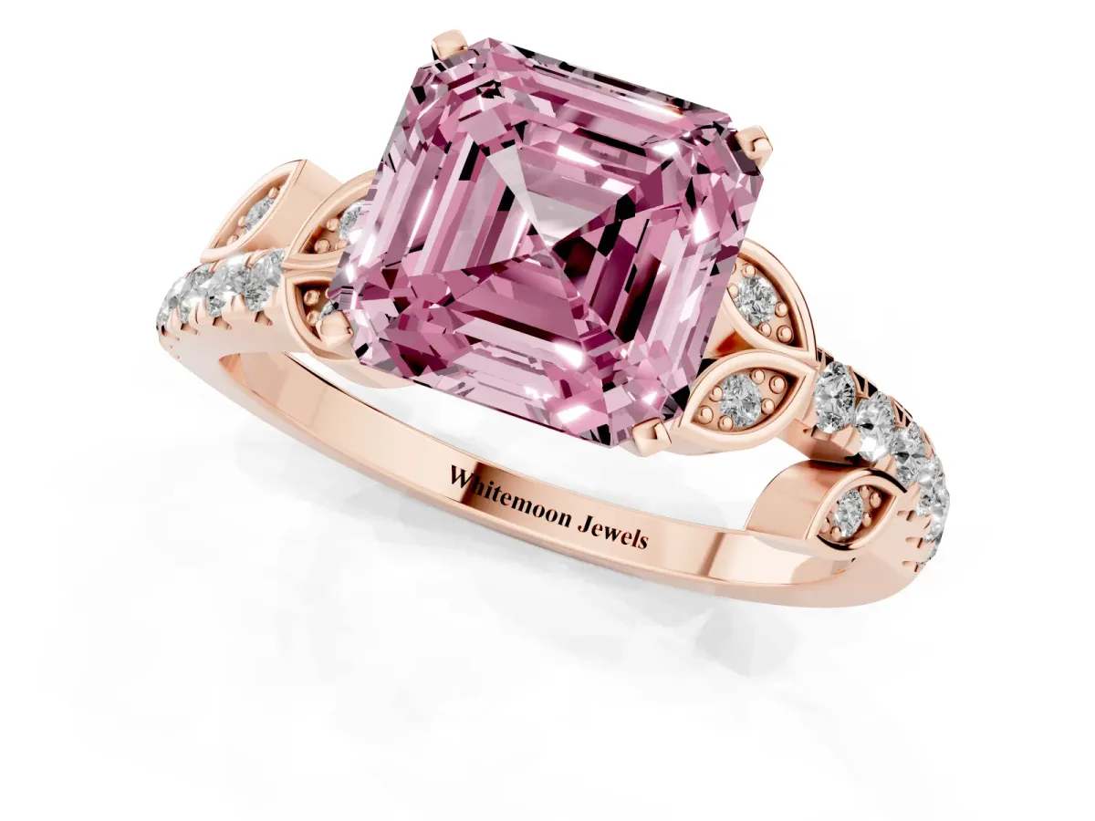 Fancy Pink Asscher Cut Solitaire Leaf-Inspired Diamond Ring with Pavé Band and Four-Prong Setting Rose gold