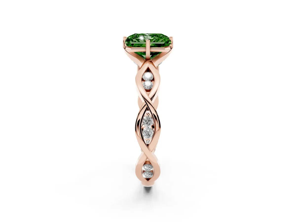 Fancy Green Radiant Cut Solitaire Twist Band with Leaf Prong Setting Rose gold