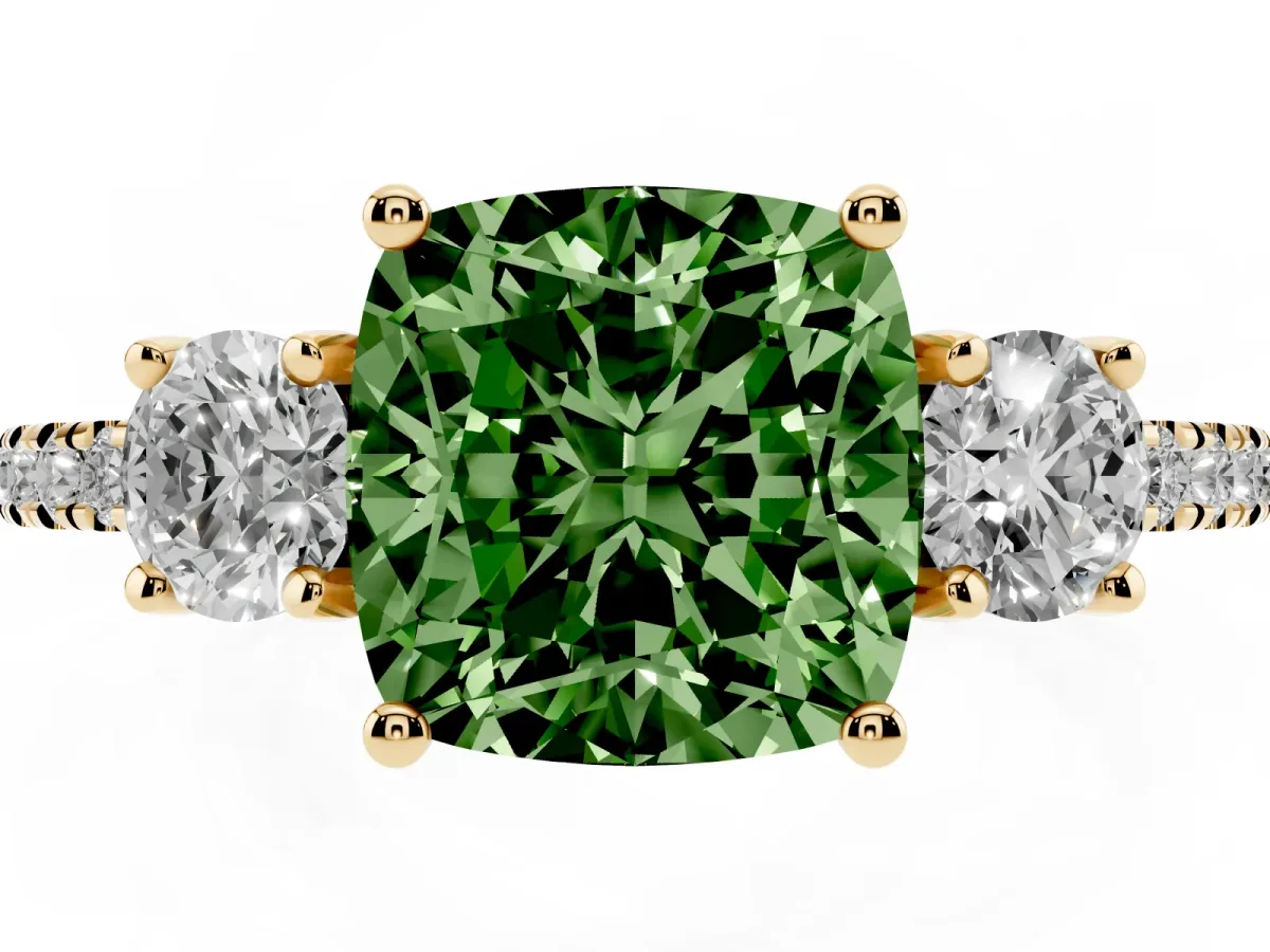 Fancy Green Three-Stone Cushion Cut Cut Diamond Pavé Band with Prong Setting Yellow gold
