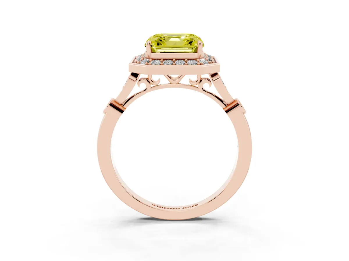 Fancy Yellow Asscher Cut Halo Diamond Engagement Ring with Twisted Band and Four-Prong Setting Rose gold