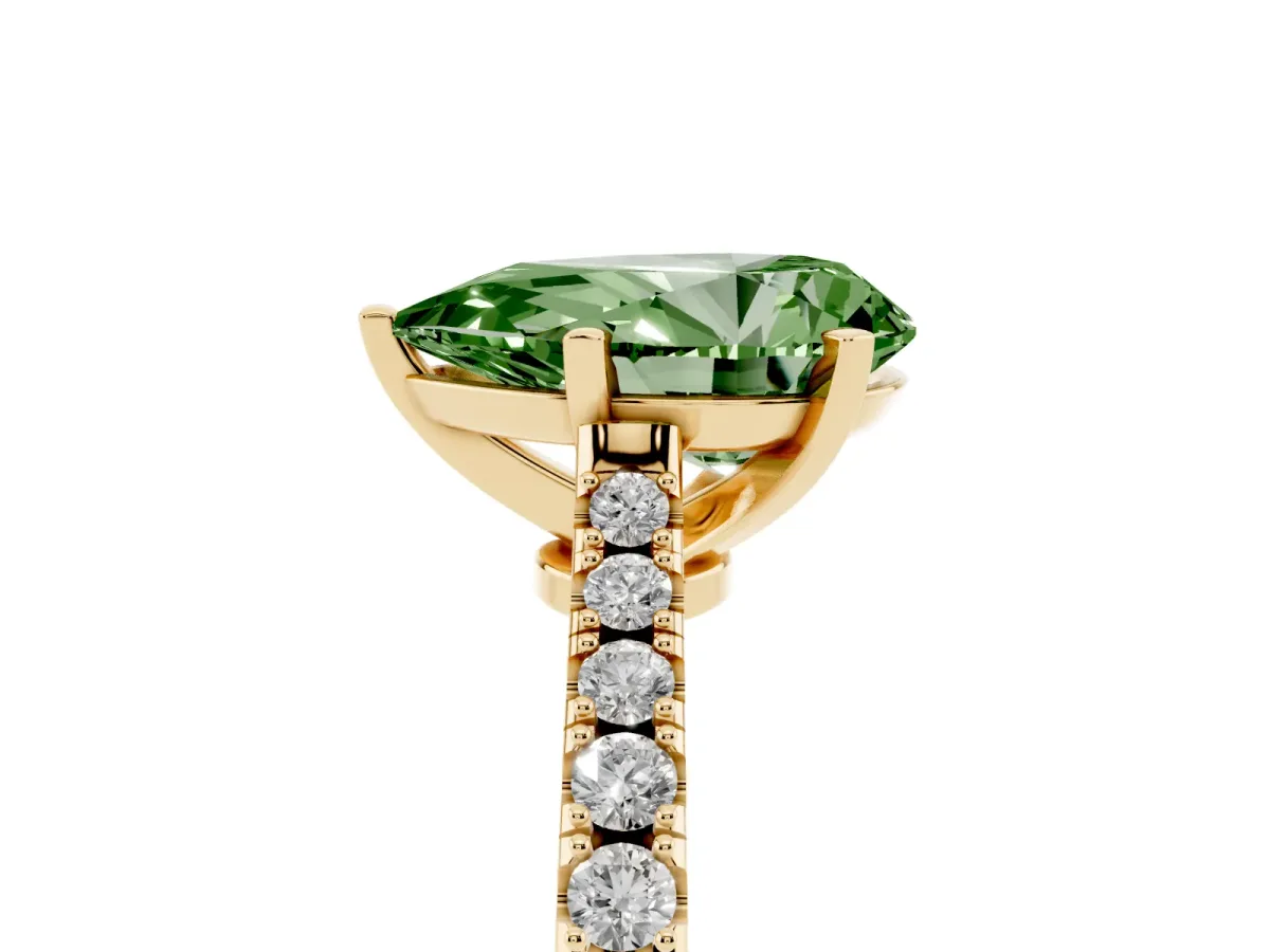 Fancy Green Pear Cut Cut Solitaire Diamond Engagement Ring with Pave Band and Four-Prong Setting Yellow gold