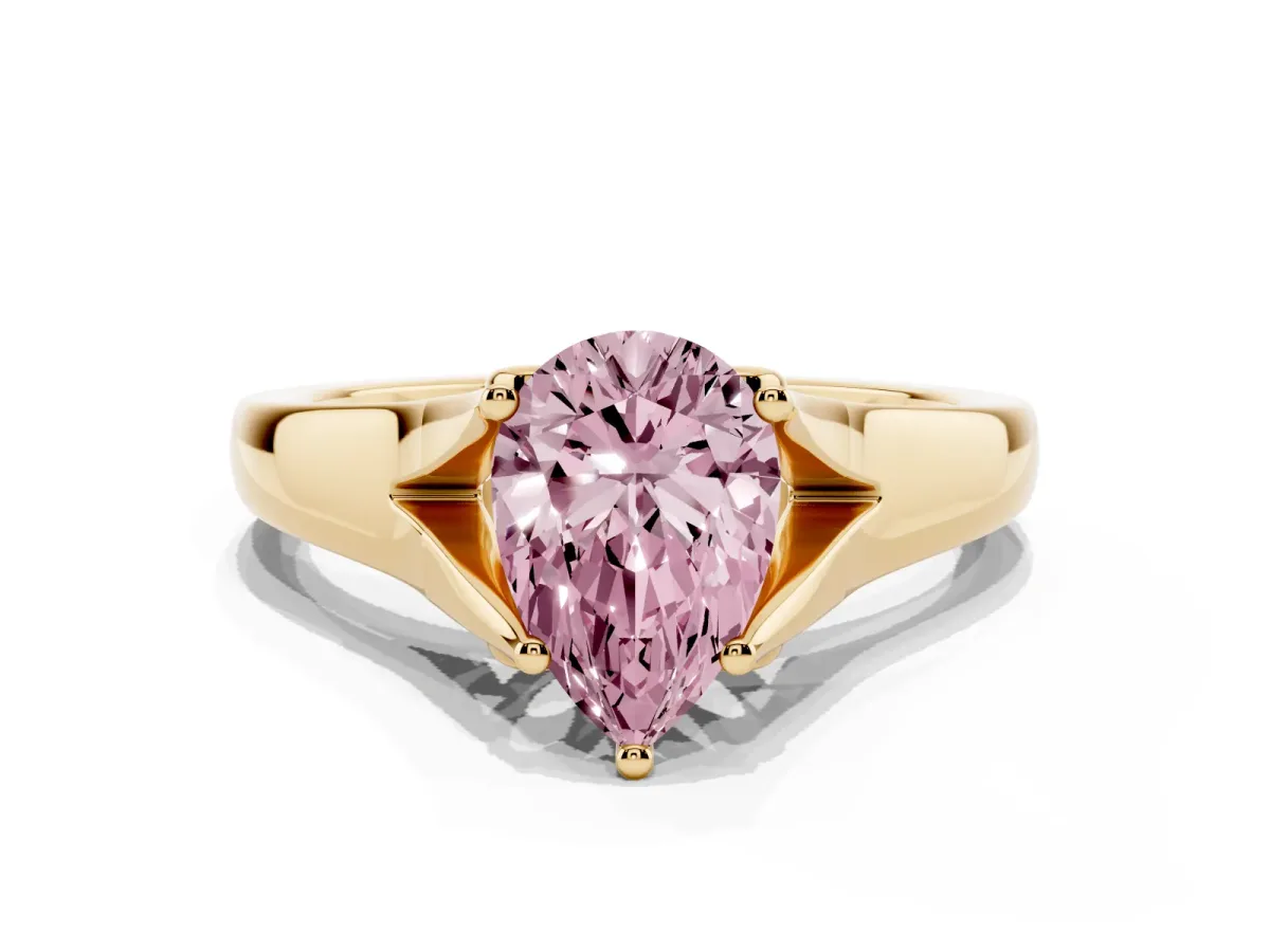 Fancy Pink Pear Cut Solitaire Diamond Ring with Cathedral Band and Four-Prong Setting Yellow gold