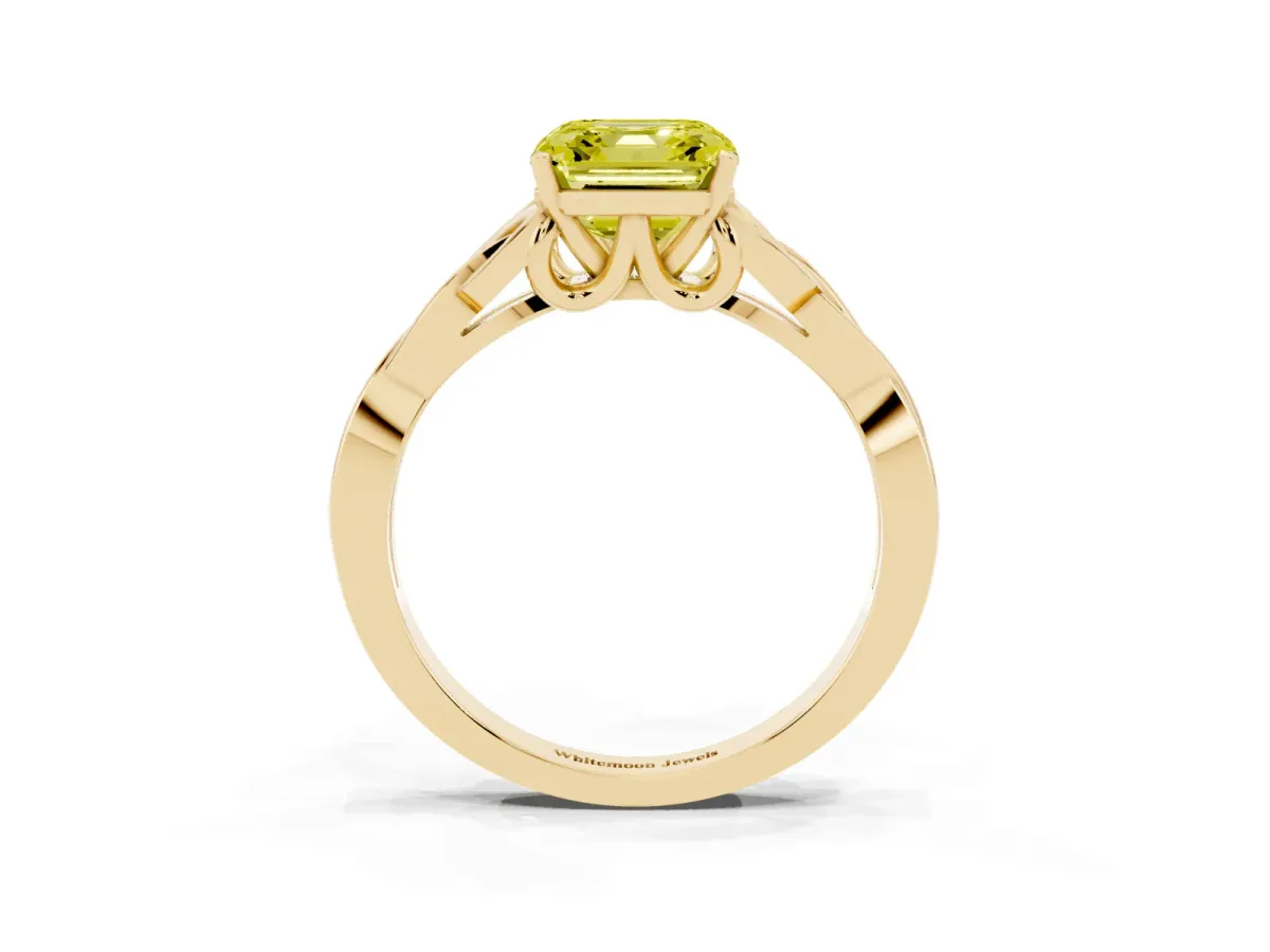 Fancy Yellow Asscher Cut Diamond Solitaire Engagement Ring with Celtic Knot Band and Four-Prong Setting Yellow gold