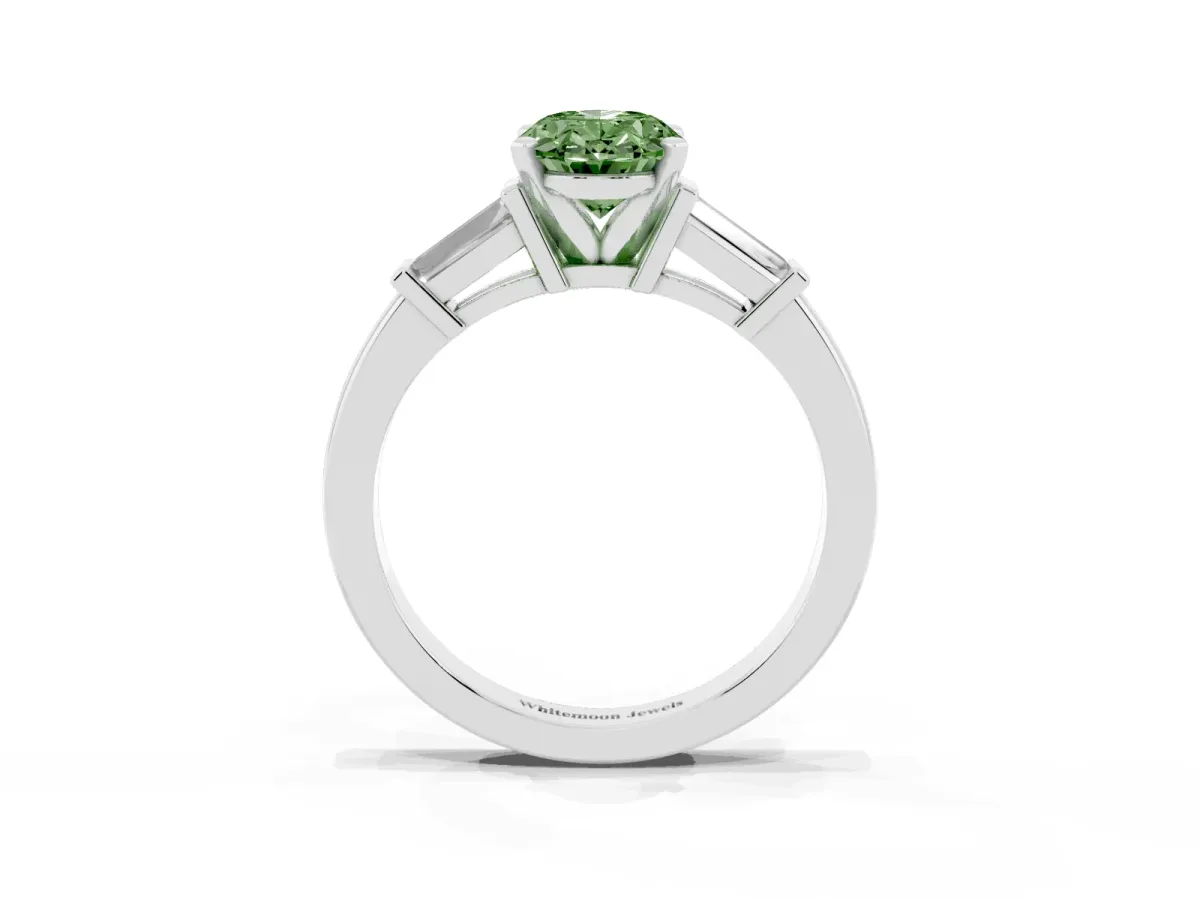 Fancy Green Oval Cut Cut Diamond Solitaire Ring with Tapered Baguette Accents and Four-Prong Setting Platinum