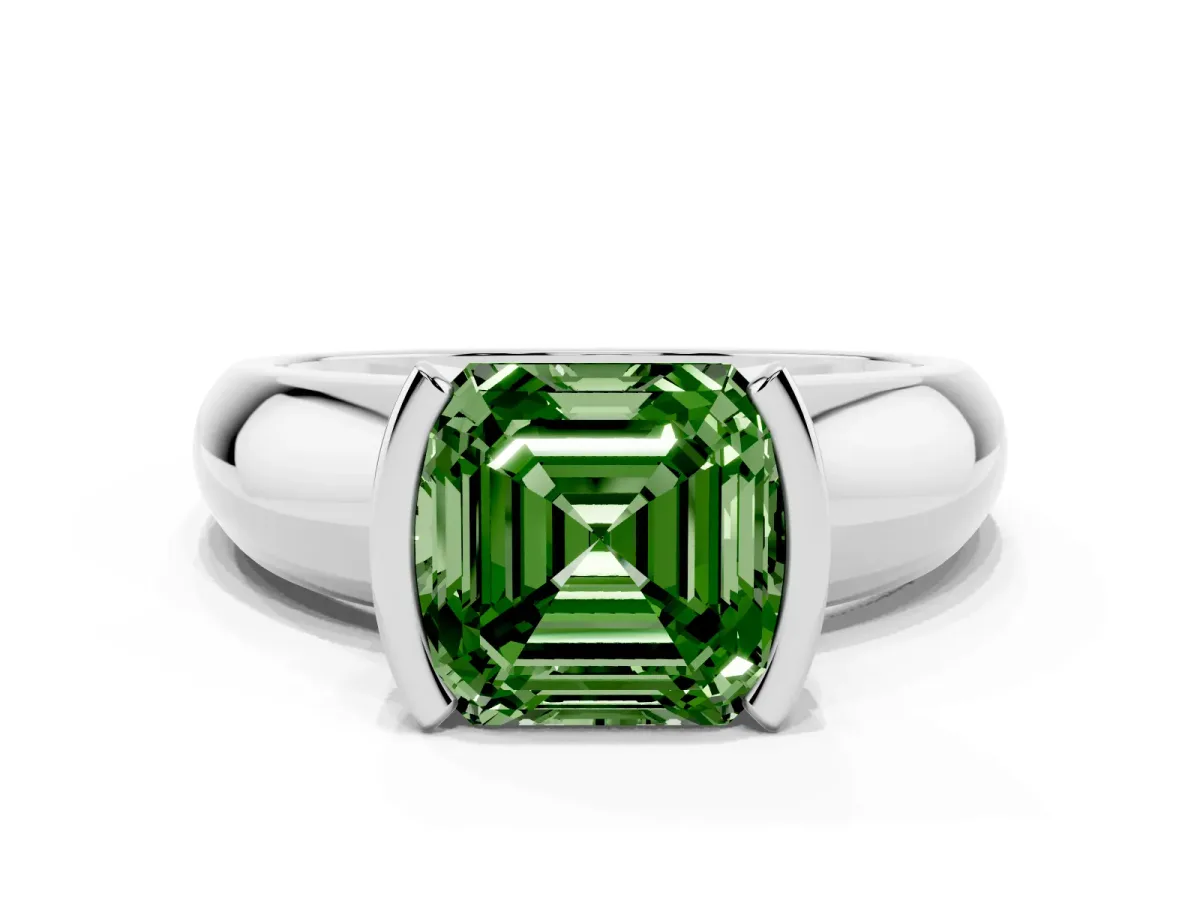 Fancy Green Asscher Cut Solitaire Tension Set Diamond Ring with Wide Band White gold
