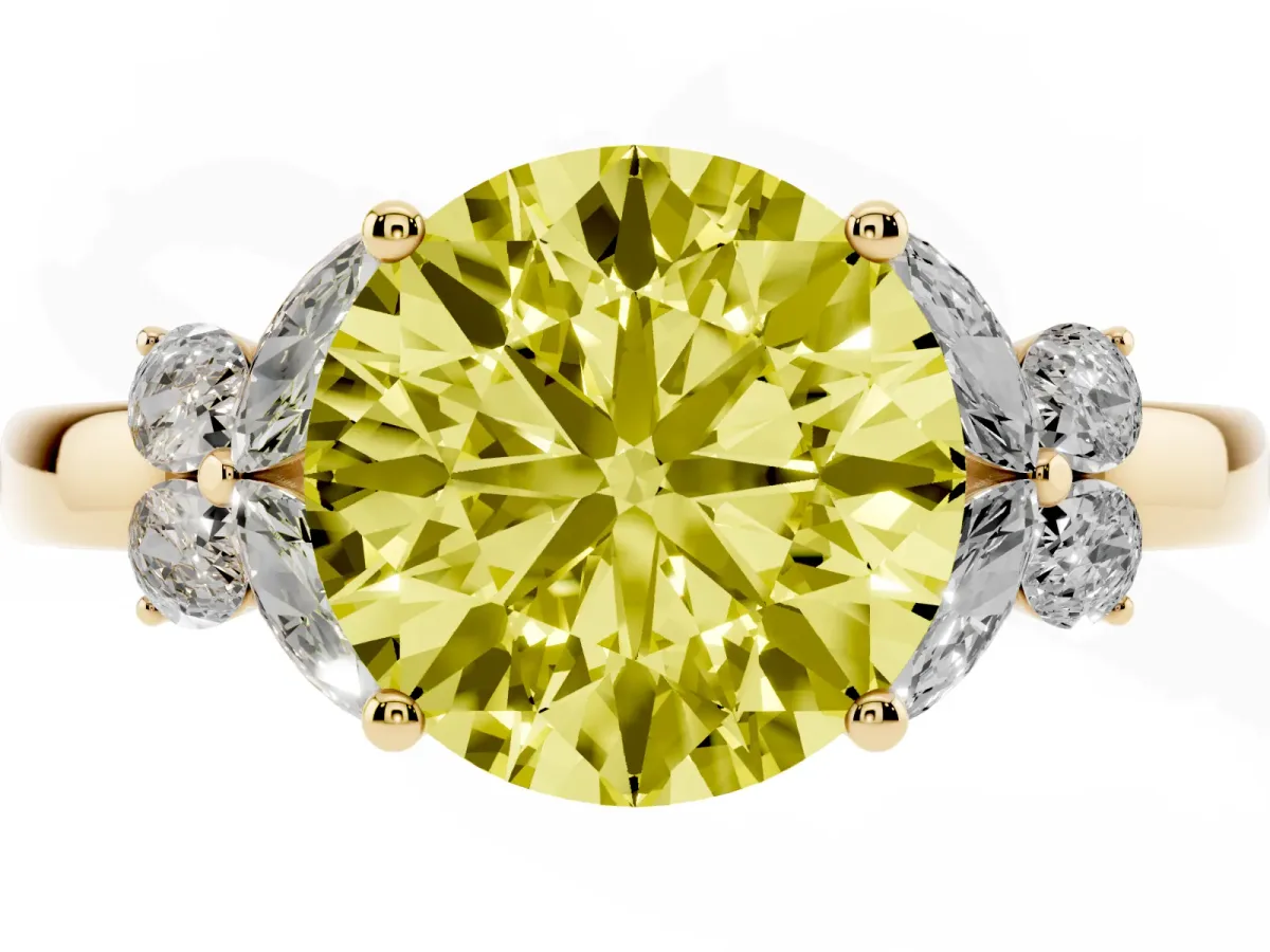 Fancy Yellow Round Cut Cut Solitaire Floral Diamond Ring with Four-Prong Setting Yellow gold
