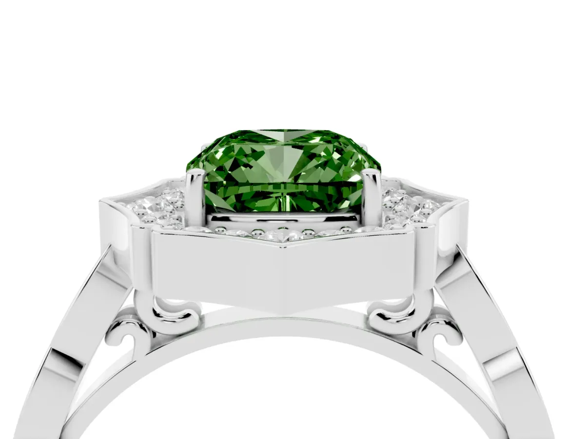 Fancy Green Cushion Cut Halo Diamond Engagement Ring with Milgrain Band and Four-Prong Setting Platinum
