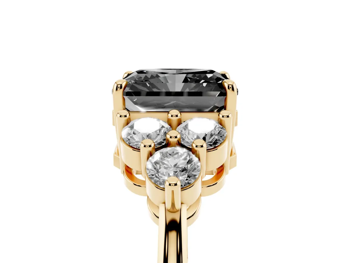 Fancy Black Radiant Cut Brilliant Diamond Cluster Accent Solitaire Ring with Prong Setting Yellow gold
