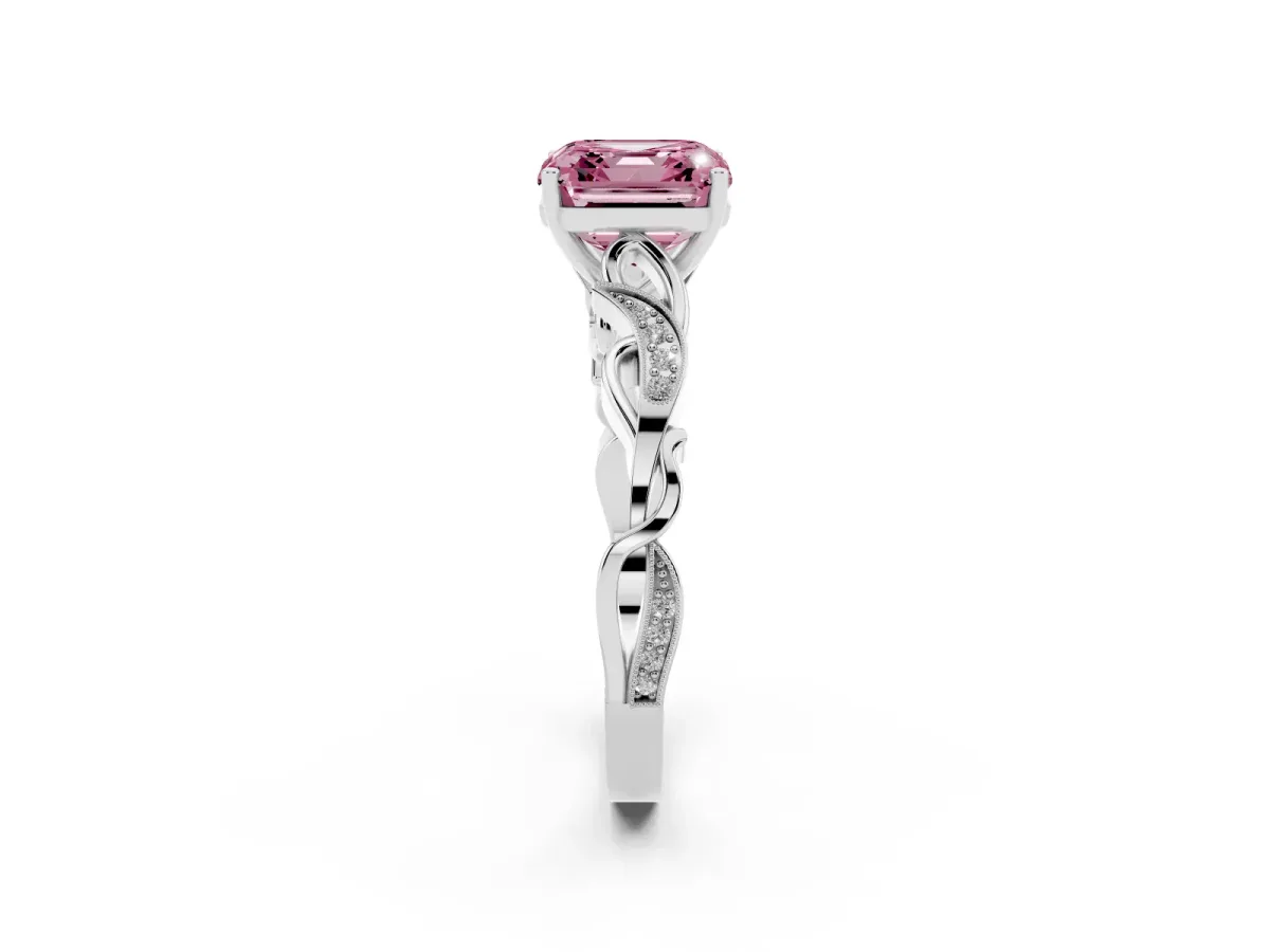 Fancy Pink Asscher Cut Solitaire Vine Band with Milgrain Prong Setting Platinum