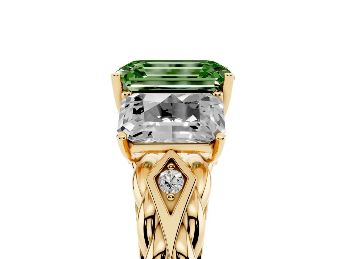 Fancy Green Three-Stone Emerald Cut Diamond Braided Band Ring with Four-Prong Setting Yellow gold